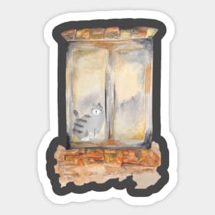 Watercolor Art Cat in the window Sticker